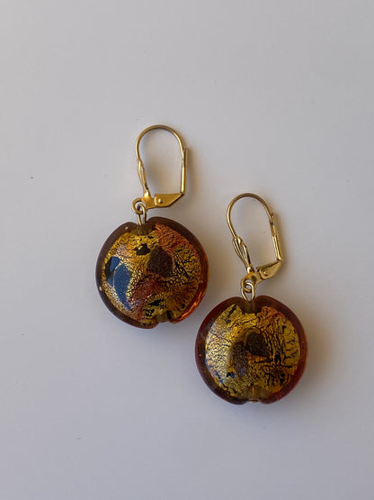 Vintage Murano Style Amber Gold Foil Glass Drop Earrings