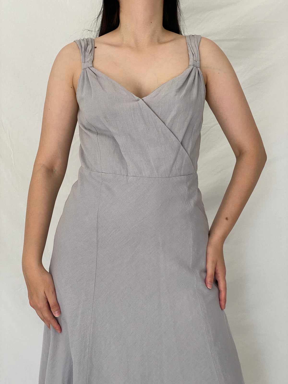 Vintage Y2K Jacqueline Riu Dove Grey Linen Cotton Blend Midi Dress - M Vintage Y2K Jacqueline Riu Dove Grey Linen Cotton Blend Midi Dress - M