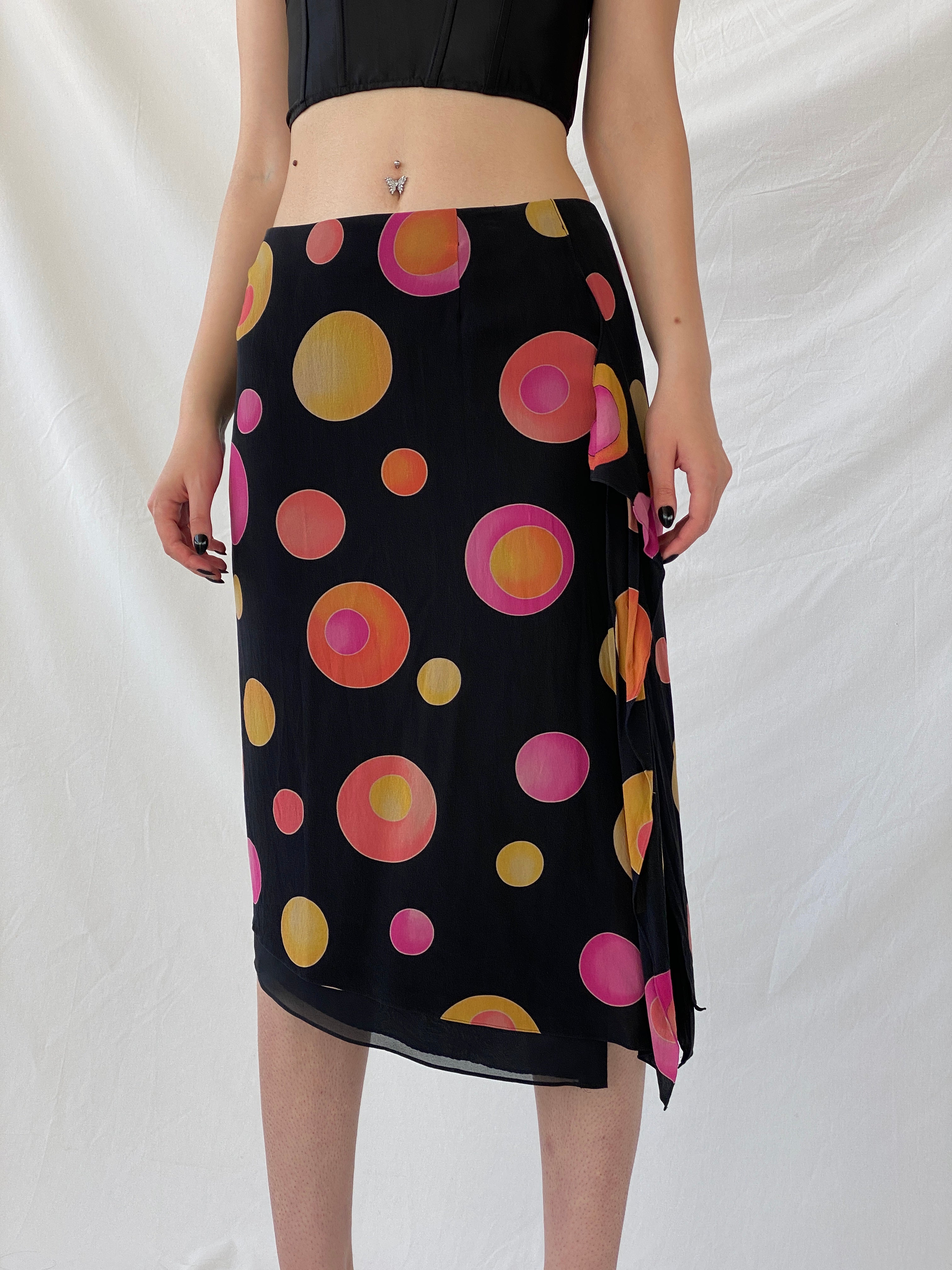 Vintage 1990s Louis Féraud Silk Dot Midi Black Groovy Skirt with Colorful Circles and Side Slits - M