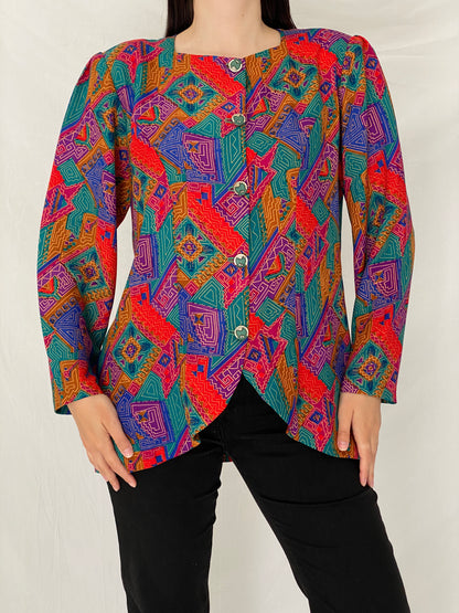 Vintage 90s Handmade Tribal Pop Statement Blazer Multicolor Geometric Art Jacket – L