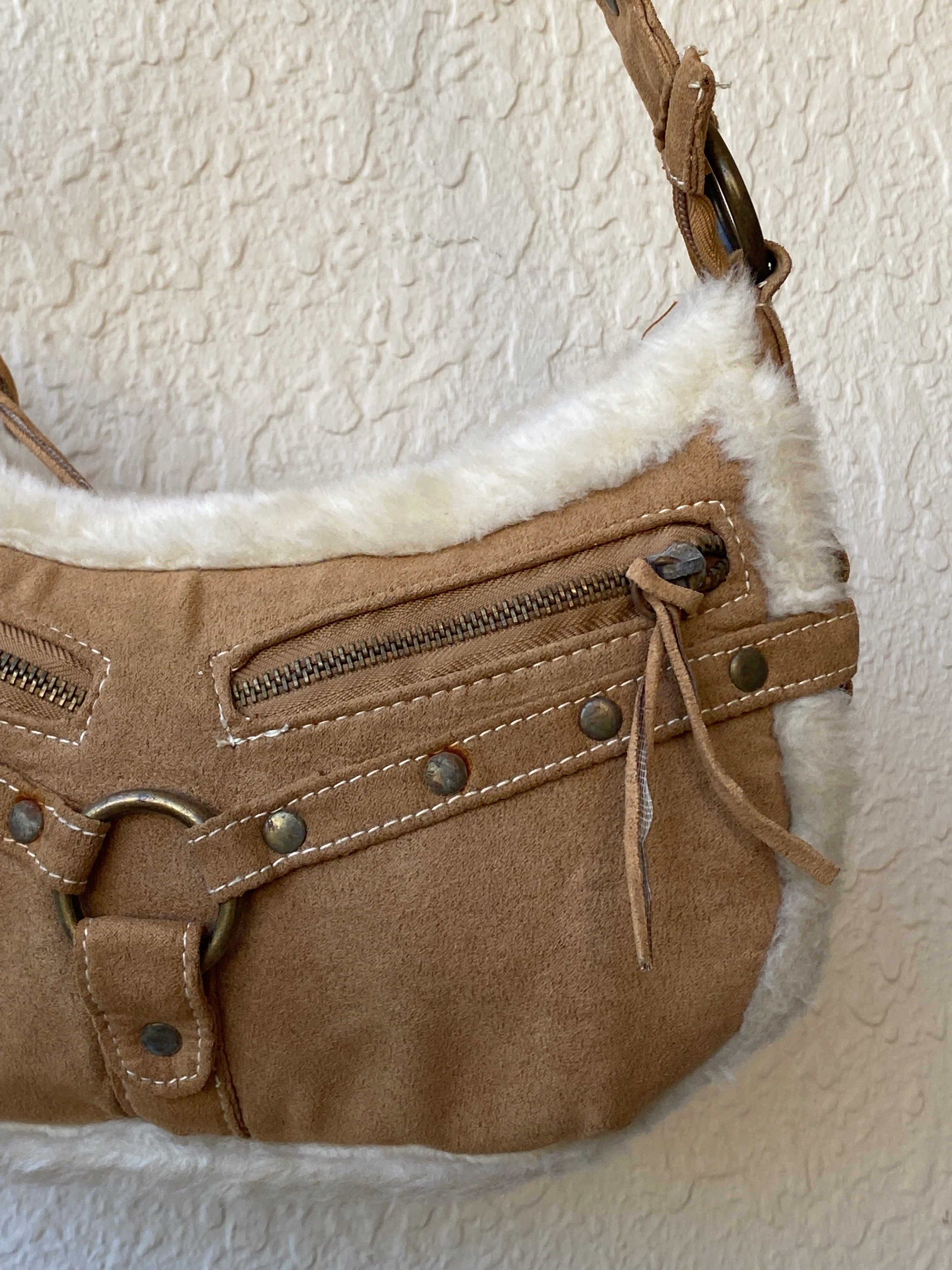 Y2K Shearling Brown Shoulder Bag with Fuzzy Trim & Stud Details Purse
