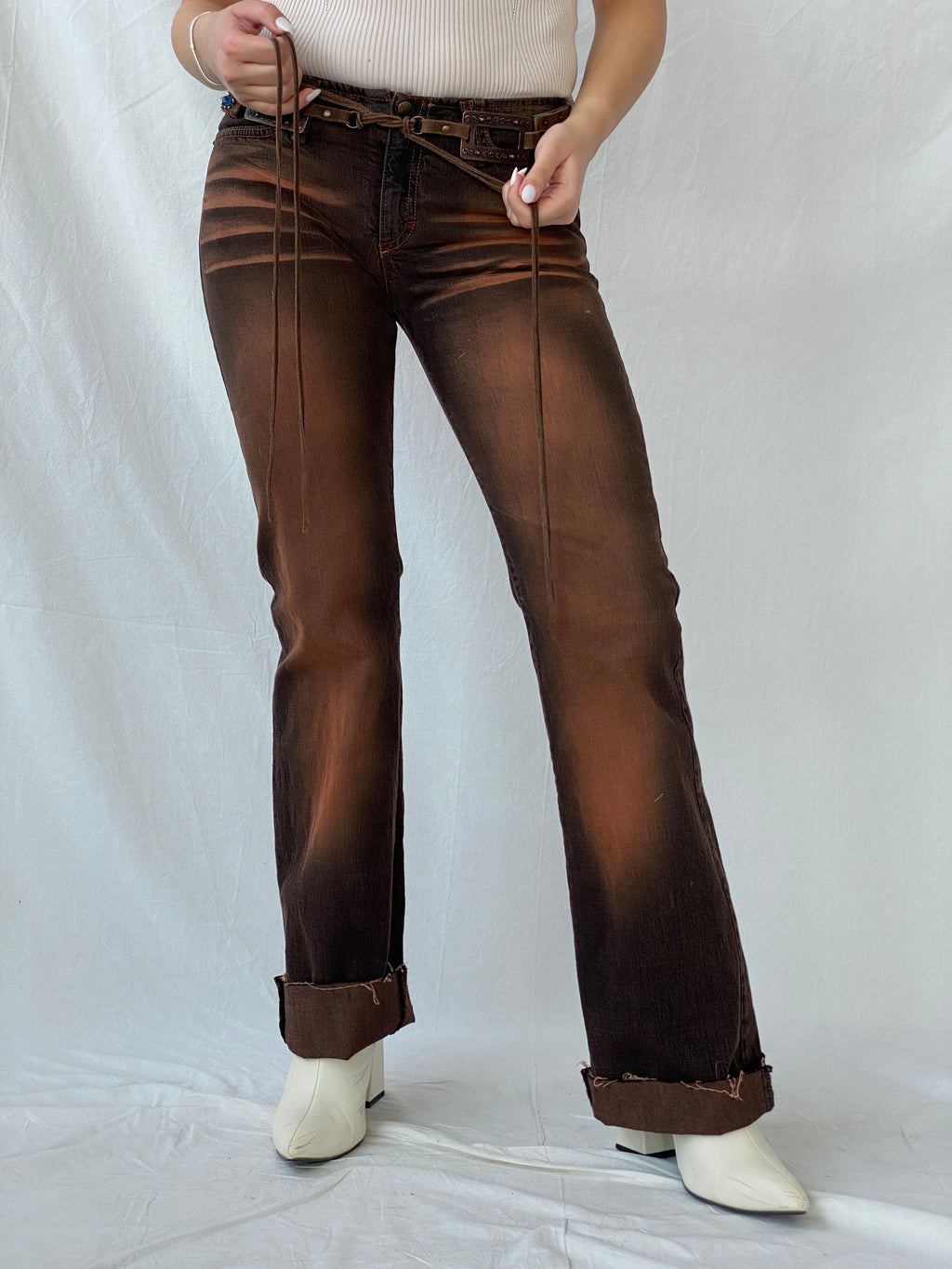 Vintage FlyGirl Brown Distressed Low Rise Biker Pants with Suede Belt - 34EUR