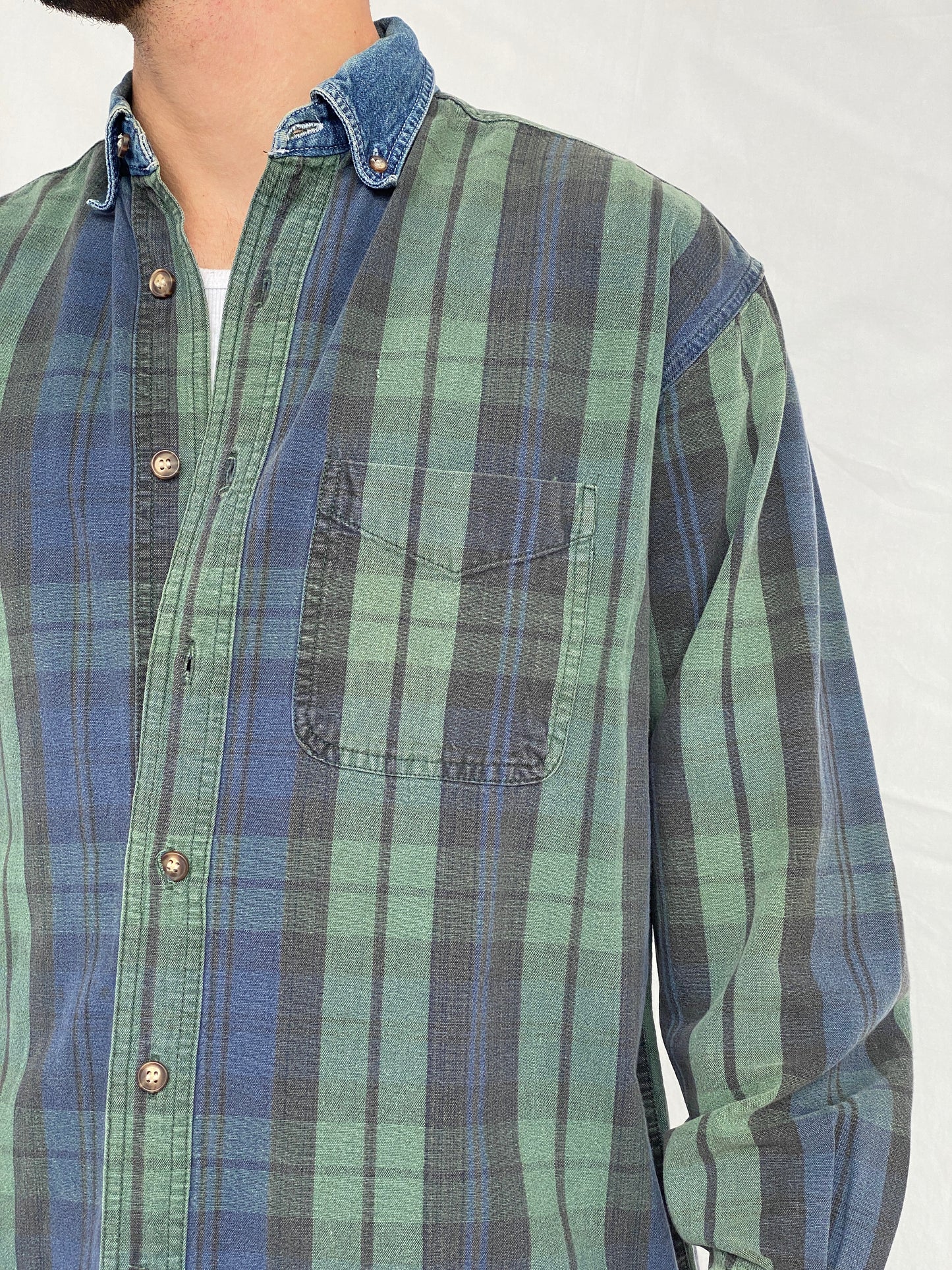 Vintage 90's American Eagle Mens Plaid Blue Green Button Up Shirt Denim Collar - M