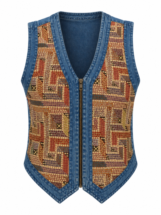 Vintage 90s New Direction Denim & Mosaic Tapestry Zip-Up Vest – M