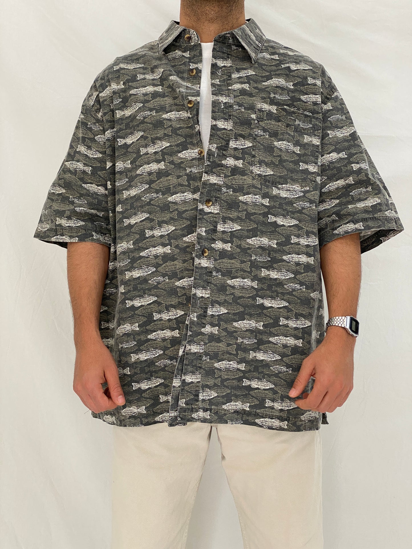 Vintage Puritan Fish Print Gray Cotton Button Up Shirt Oversized Coastal Shirt - XL