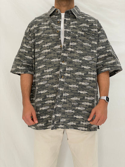 Vintage Puritan Fish Print Gray Cotton Button Up Shirt Oversized Coastal Shirt - XL