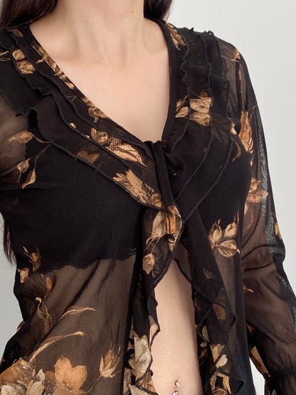 Vintage Y2K Surrender Women Black & Brown Floral Sheer Mesh Ruffle Blouse - M