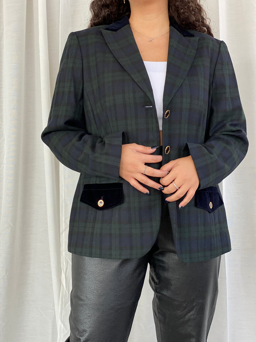 Vintage Fair Lady Preppy Plaid Velvet Collar Blazer Jacket Suit - XL