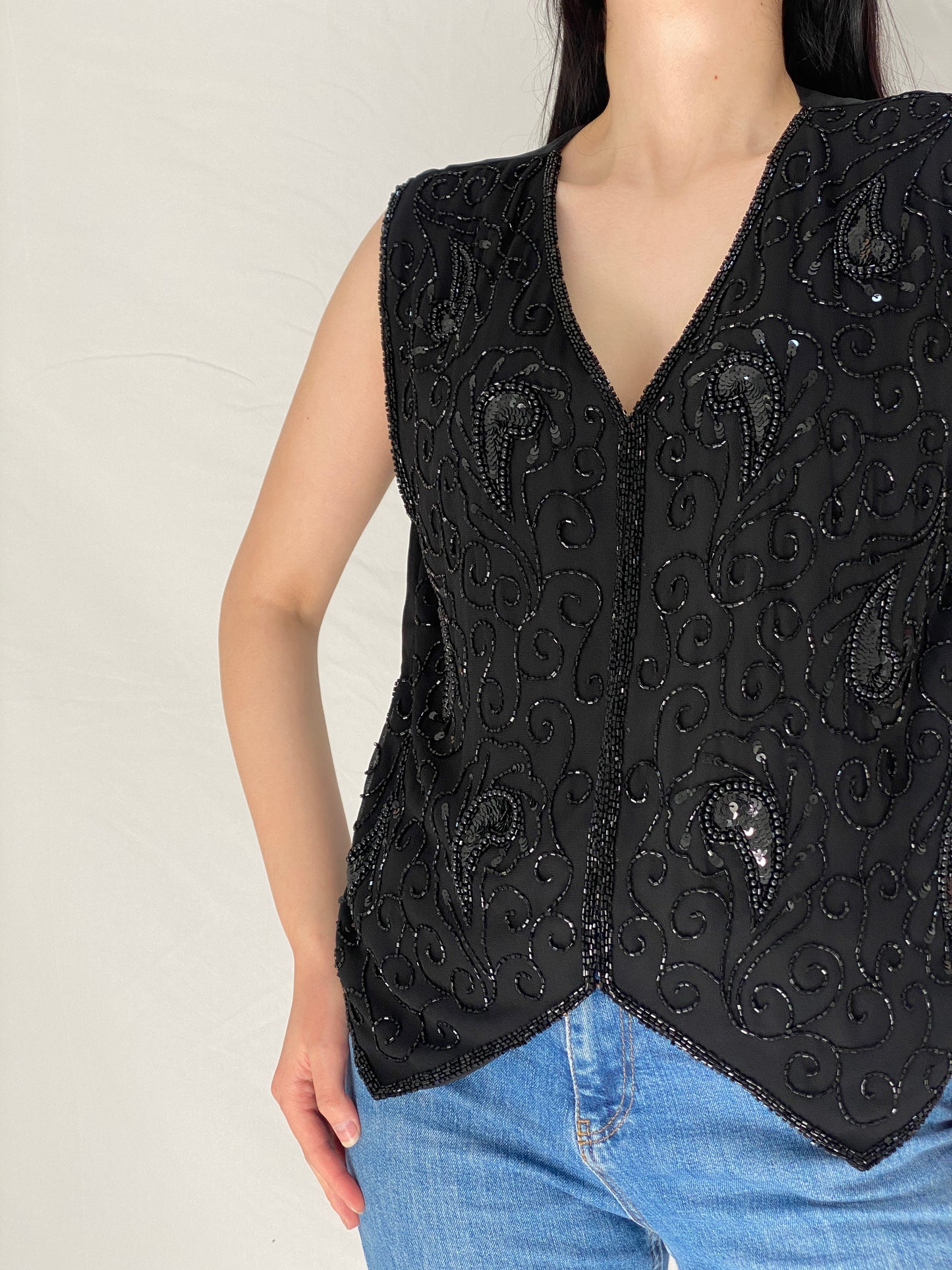 Vintage Black Paisley Sequined & Beaded Party Embellished Evening Vest - M