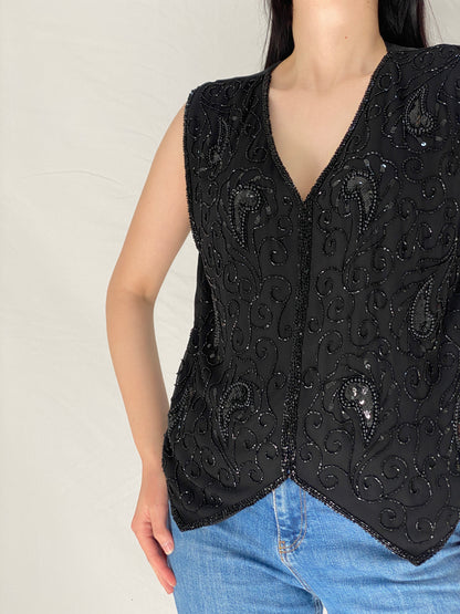Vintage Black Paisley Sequined & Beaded Party Embellished Evening Vest - M