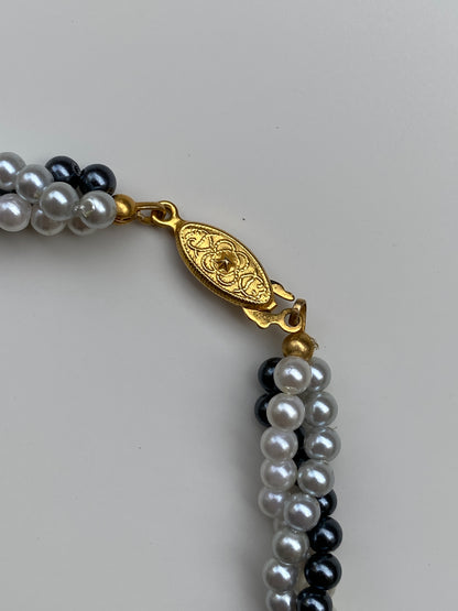 Vintage Faux Pearl Double Strand Necklace Black & White Elegant Classic Choker