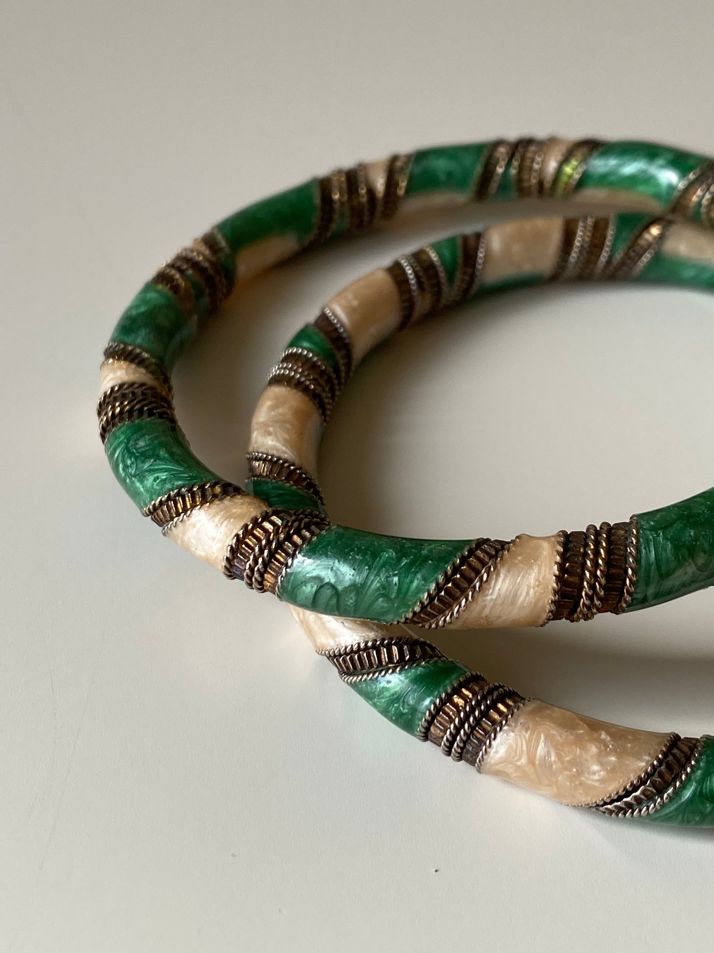 Vintage Green & Ivory Faux Malachite Rigid Bangles with Brass-Tone Detailing