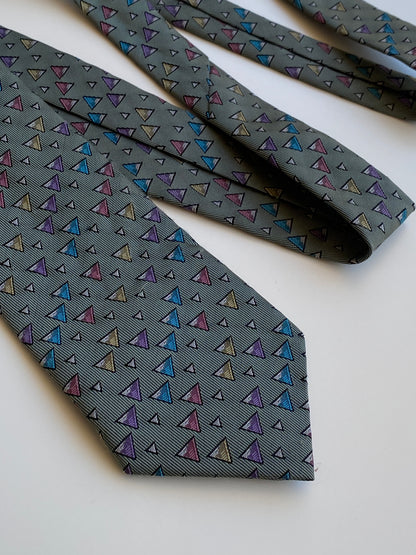 Vintage 1990s Grey Multicolor Geometric Triangle Polyester Necktie