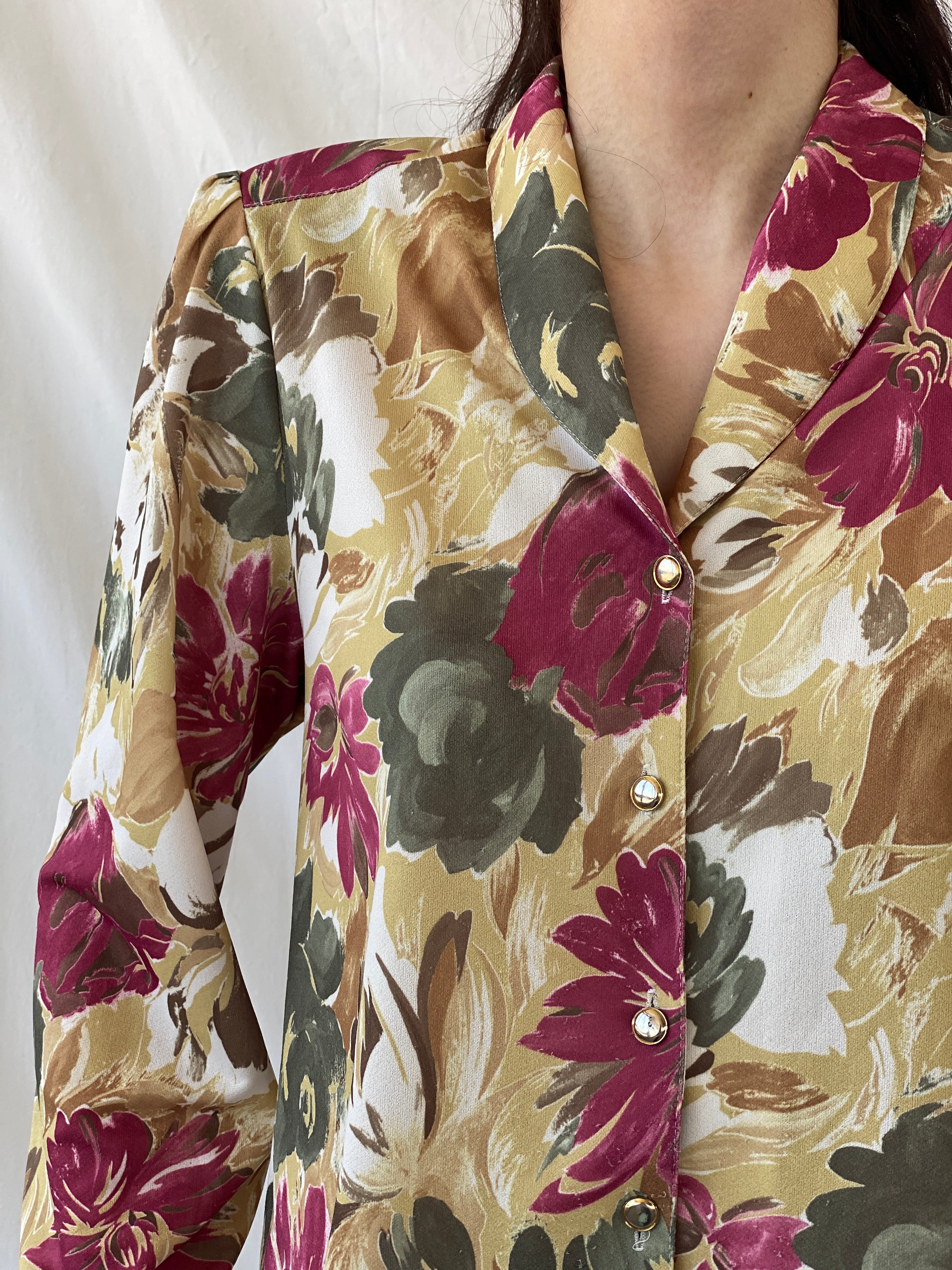 Vintage Colorful Floral Full Sleeve Button Up Office Shirt - L