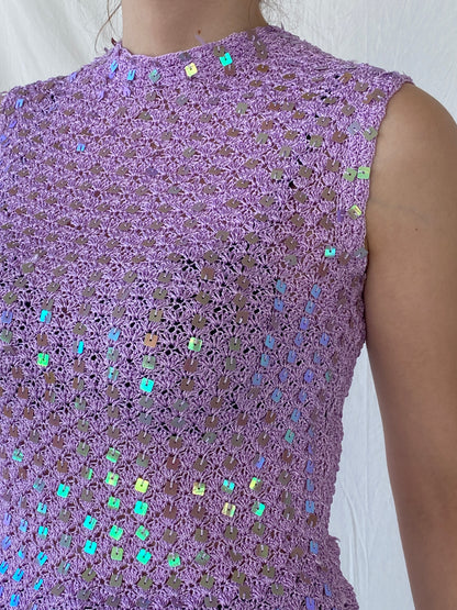 00s Lilac Knitted Crochet Sequined Sleeveless Women’s Top - S