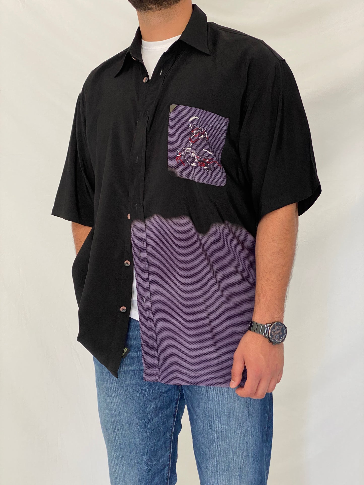 Y2K First Down Southern Rim Black & Purple Dragon Button-Up Shirt – XL