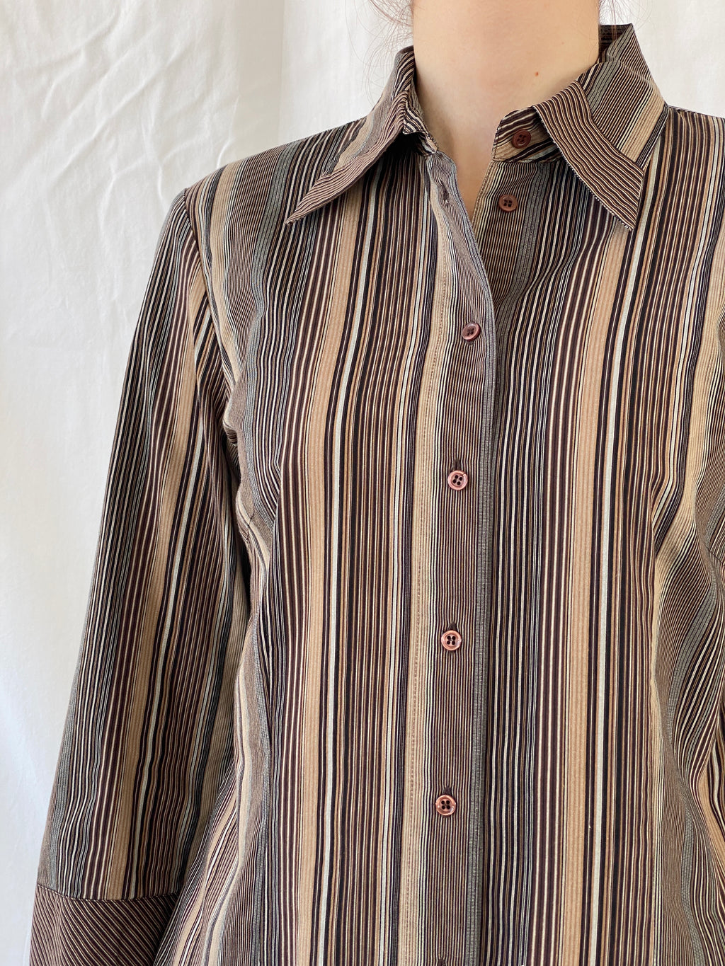 Vintage Taifun Collection Striped Brown Long Sleeve Office Shirt - M