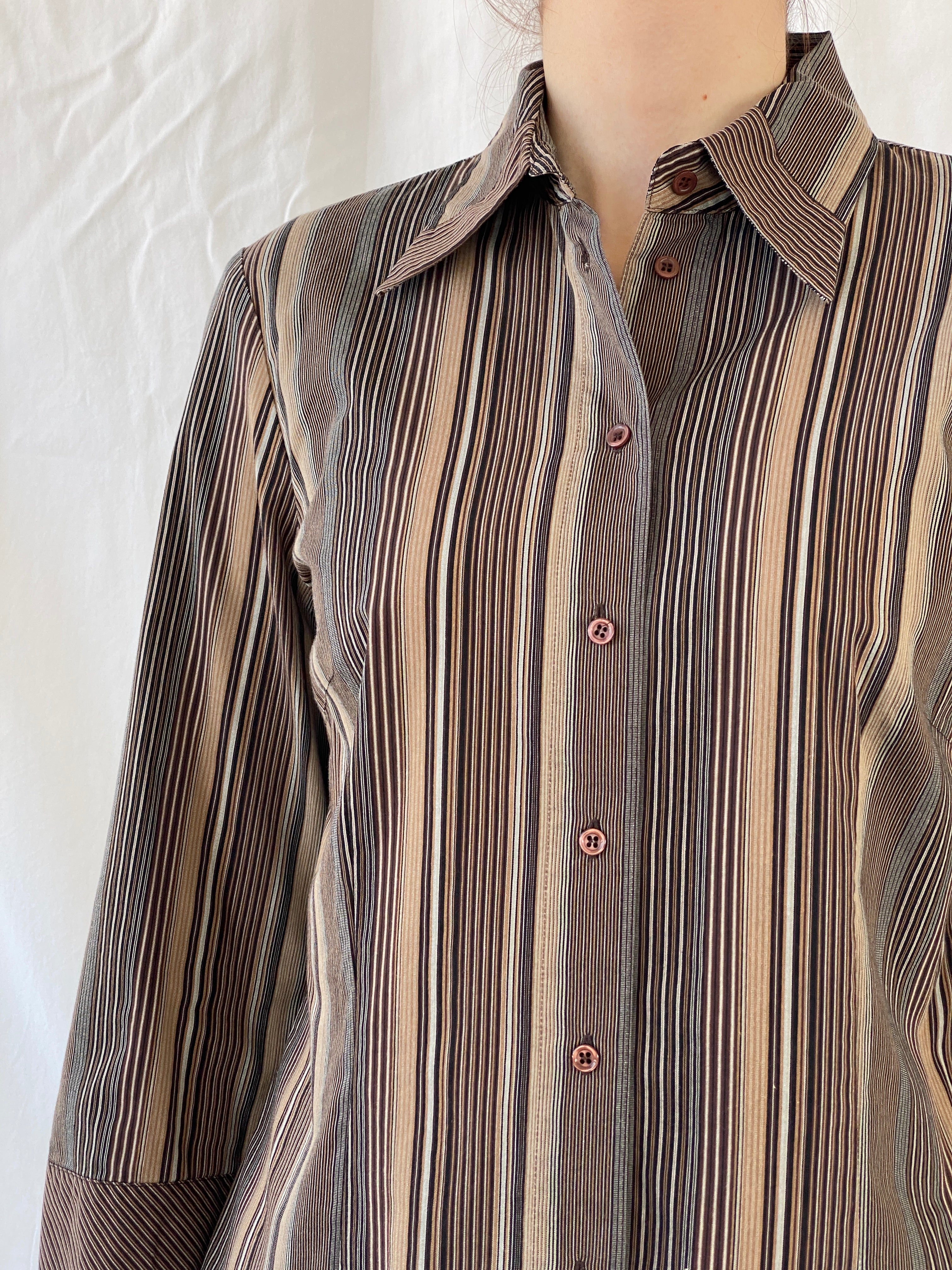 Vintage Taifun Collection Striped Brown Long Sleeve Office Shirt - M