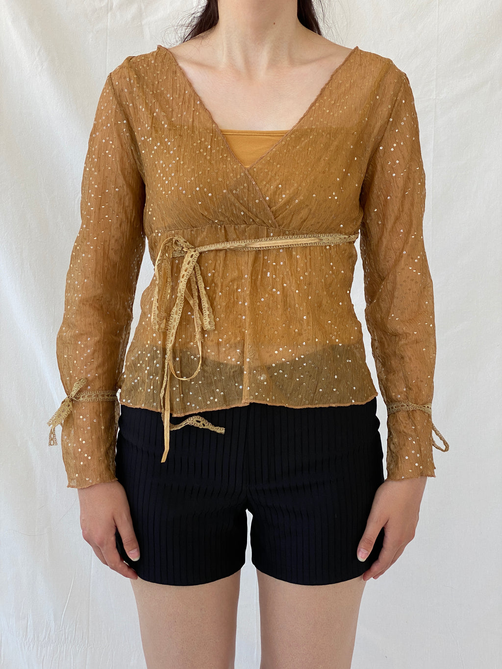 Vintage Y2K Jus D’ Orange Shimmer Fairy Sequin Sheer Bronze Top - M