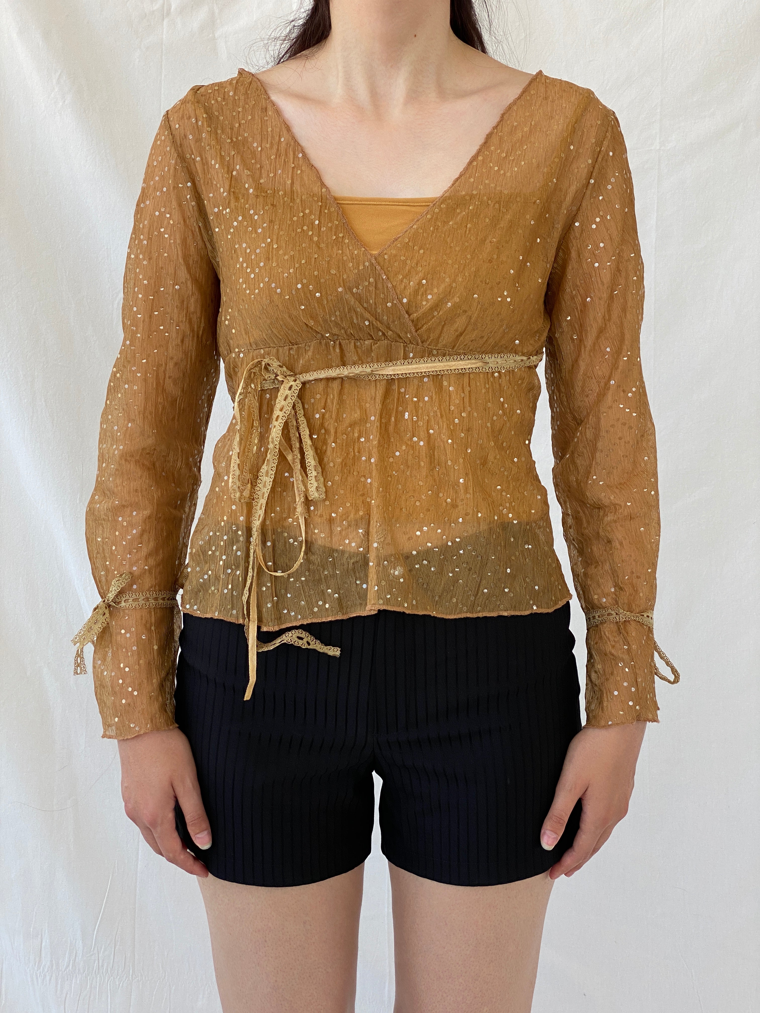 Vintage Y2K Jus D’ Orange Shimmer Fairy Sequin Sheer Bronze Top - M