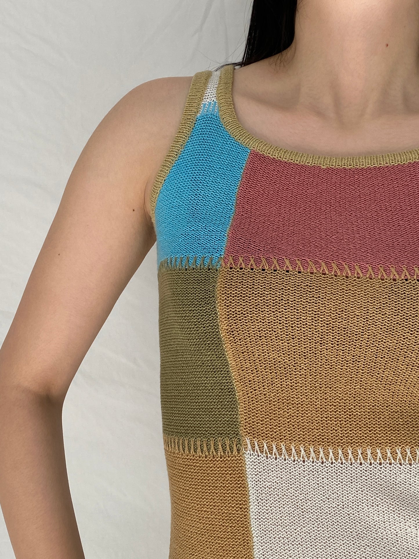 Vintage Patchwork Knit Tank Top Multicolor Y2K Style - S