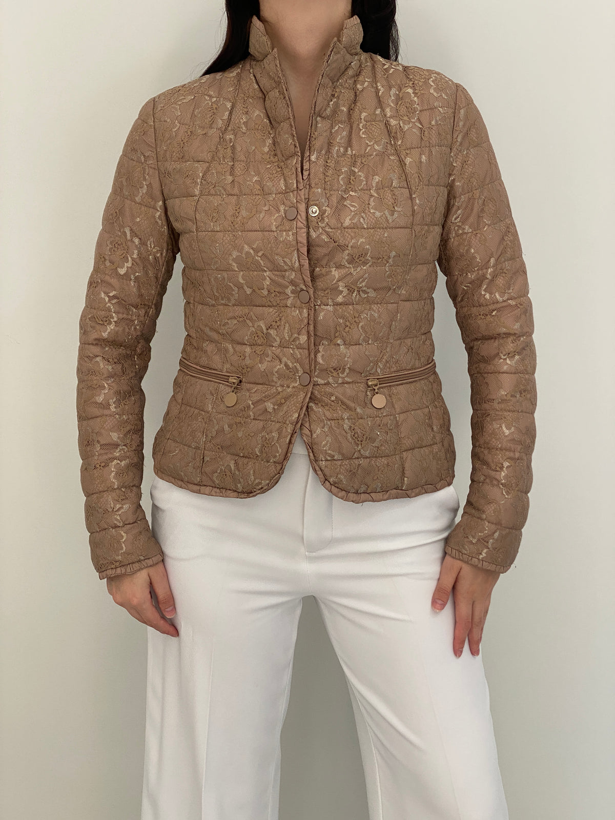 Y2K By Secret Beige Floral Lace Quilted Puffer Jacket – S