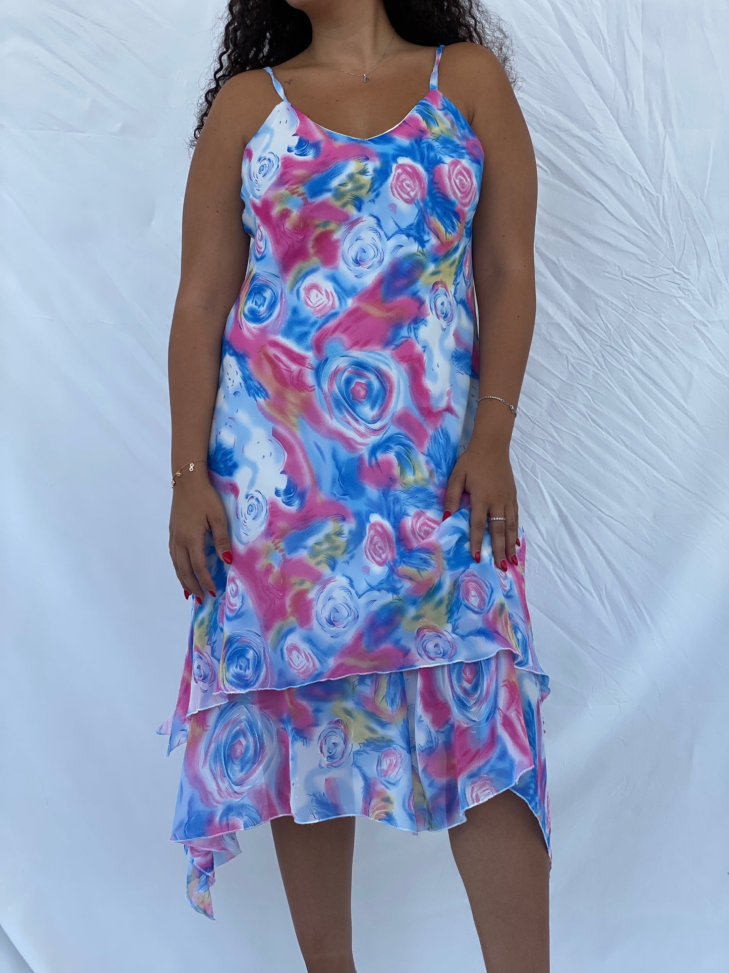 Vintage TYC Blue and Pink Floral Spaghetti Strap Midi Dress - XL