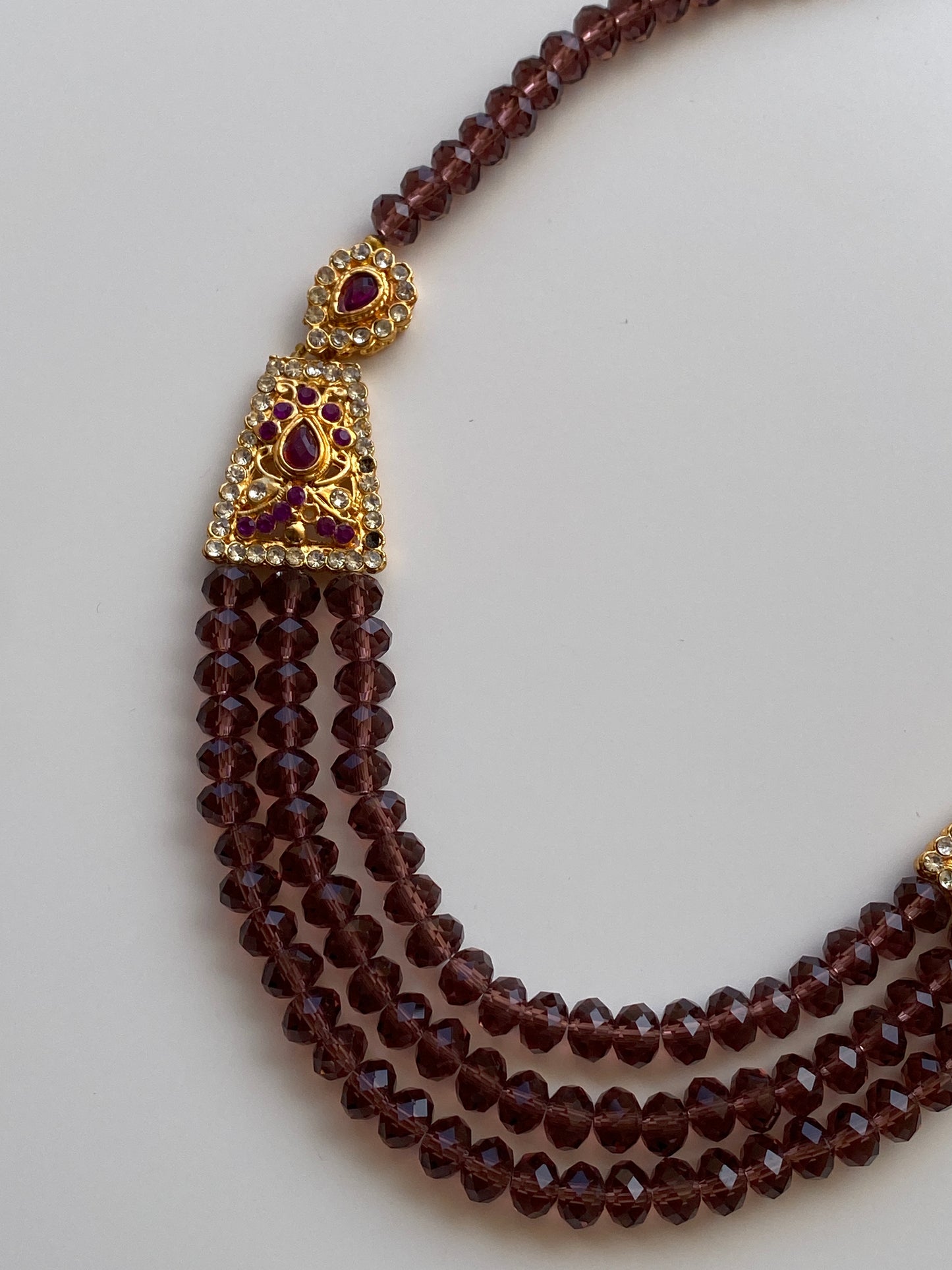 Vintage Jewellery Set Triple Strand Amethyst Crystal Bead Necklace with Rhinestone Gold Earrings