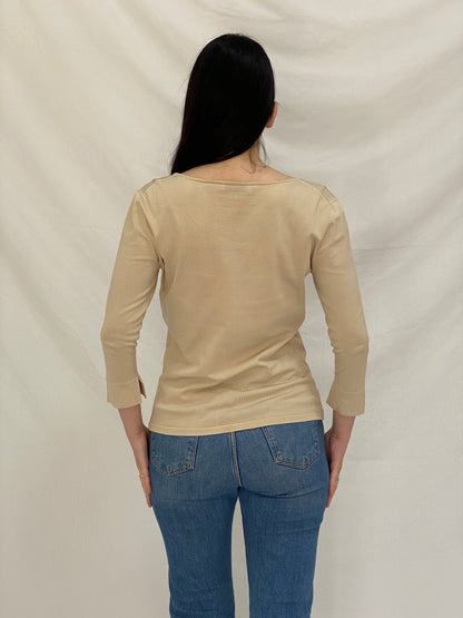 Vintage 90s Apriori Piu Beige Silk Blend Knit Top Minimalist Lace-Up Neckline - M