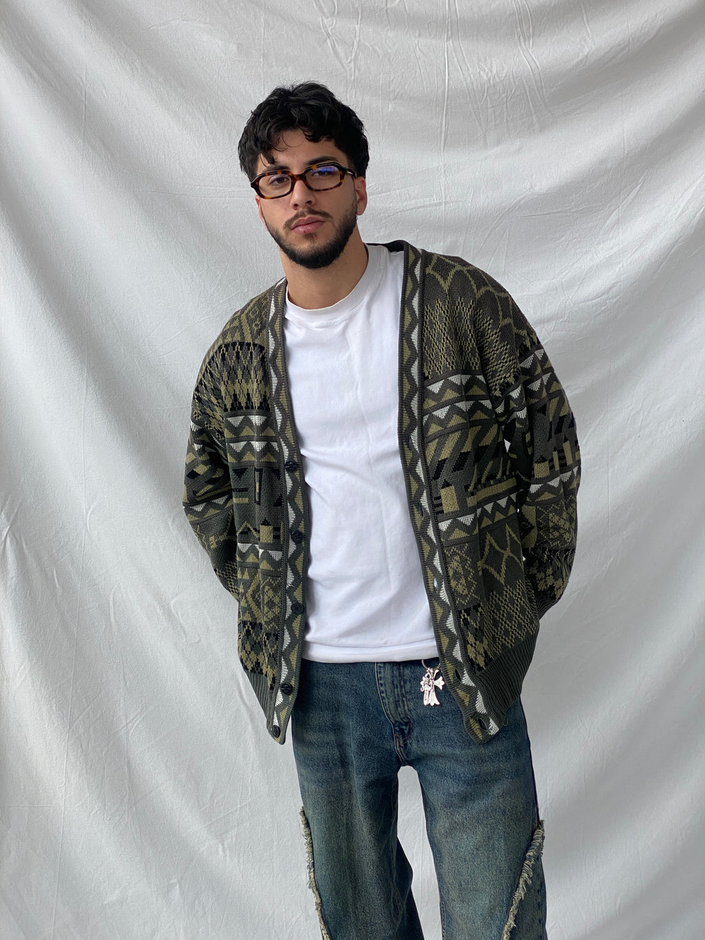 Vintage Geometric Print Men’s Cardigan Sweater - L