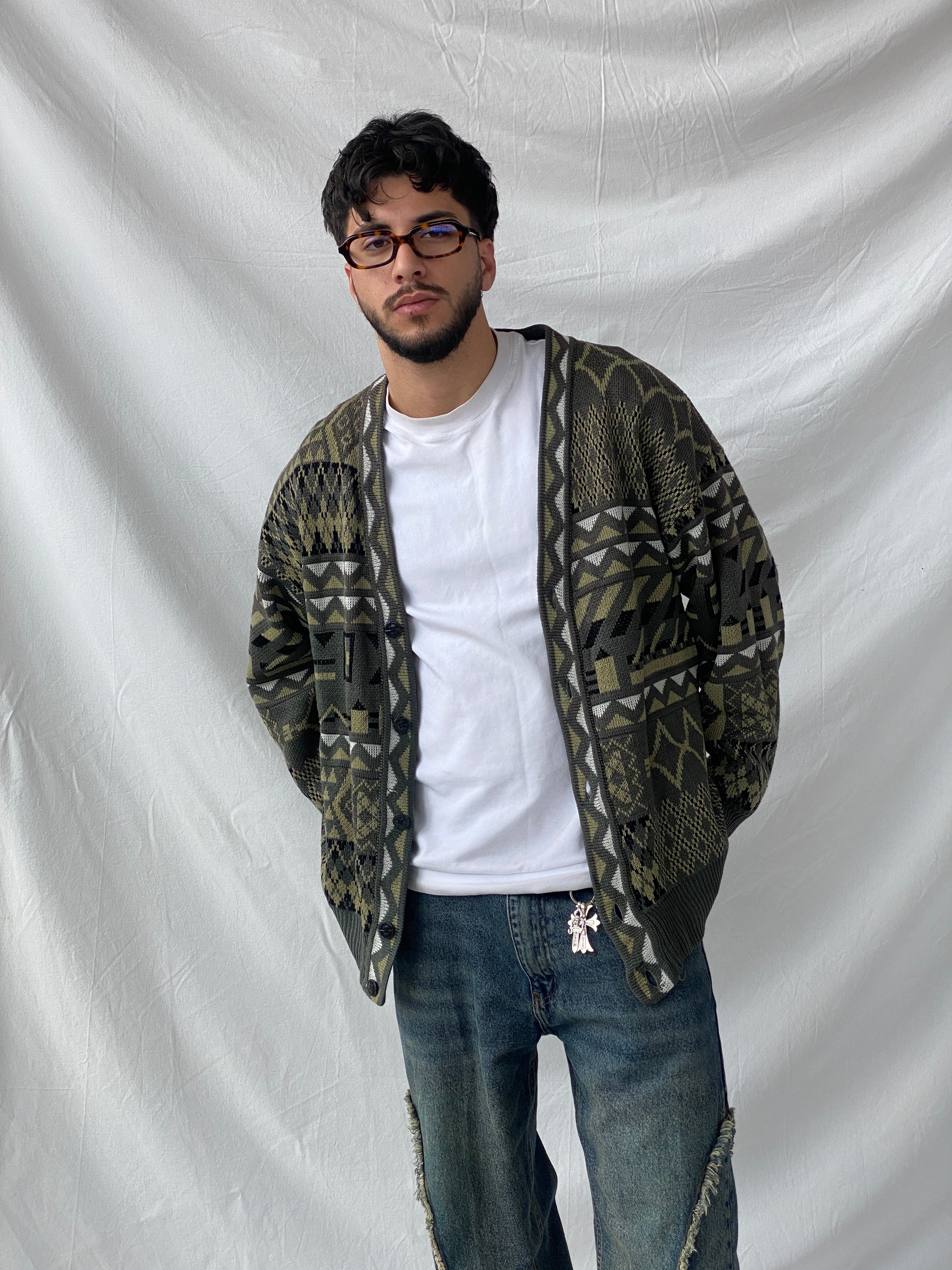Vintage Geometric Print Men’s Cardigan Sweater - L