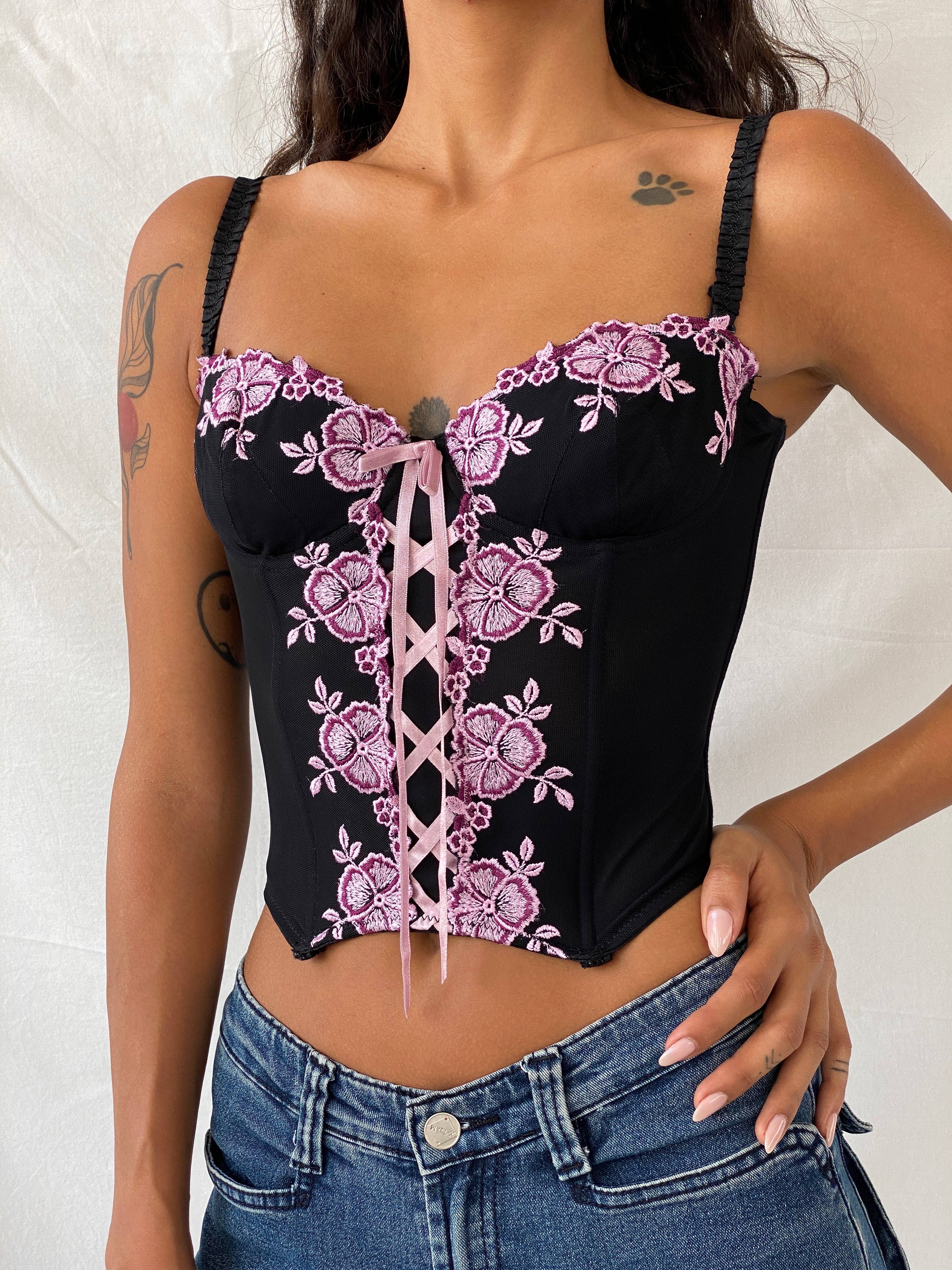 Vintage Black and Pink Floral Embroidered Corset - XS