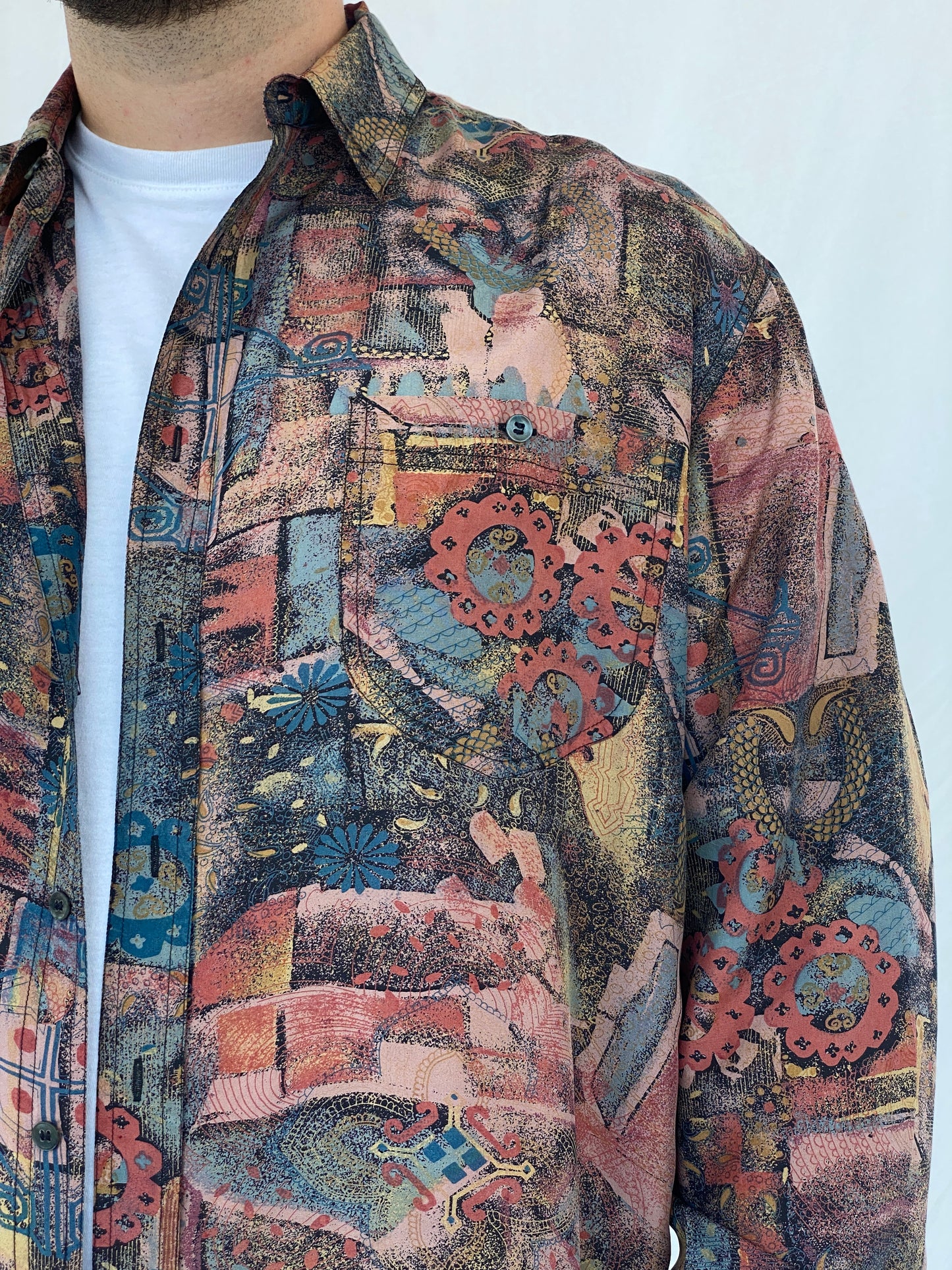 Y2K Bhs Printed Full-Sleeve Silk Shirt - M