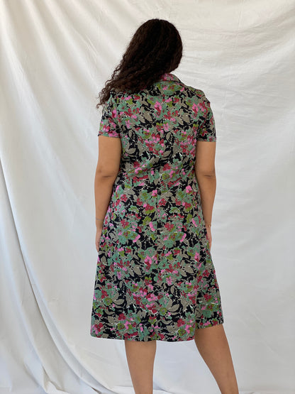 Vintage Handmade Floral Picnic Black and Green Midi Dress - L