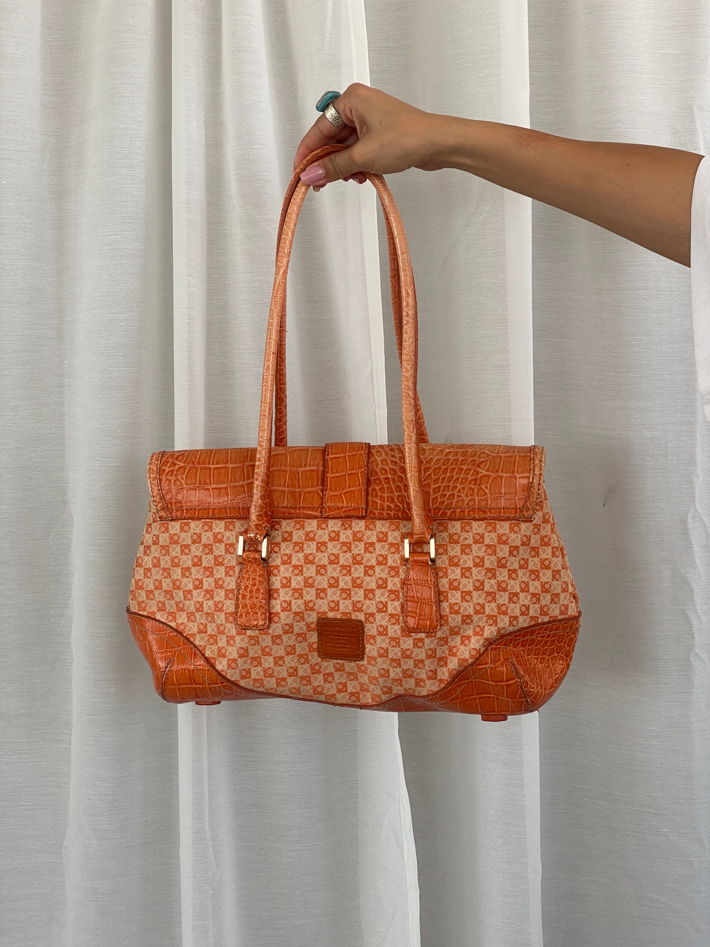 Liz Claiborne NYC Signature Fabric Orange Monogram with Faux Croc Leather Print Shoulder Bag