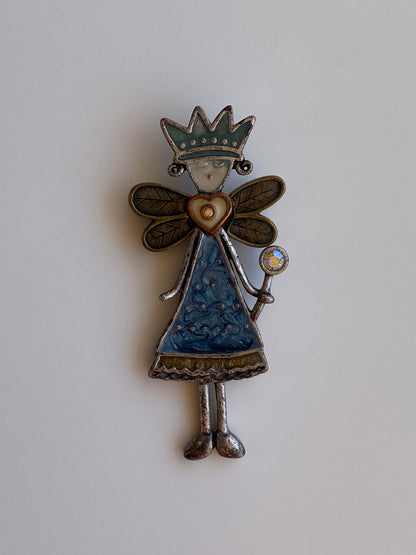 Vintage Whimsical Fairy Princess Enamel Brooch with Rhinestone Wand