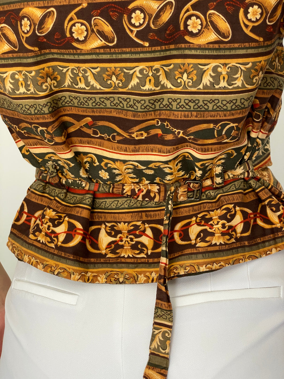 Vintage 90s White Stag Brown Baroque Equestrian Print Tailored Vest - M