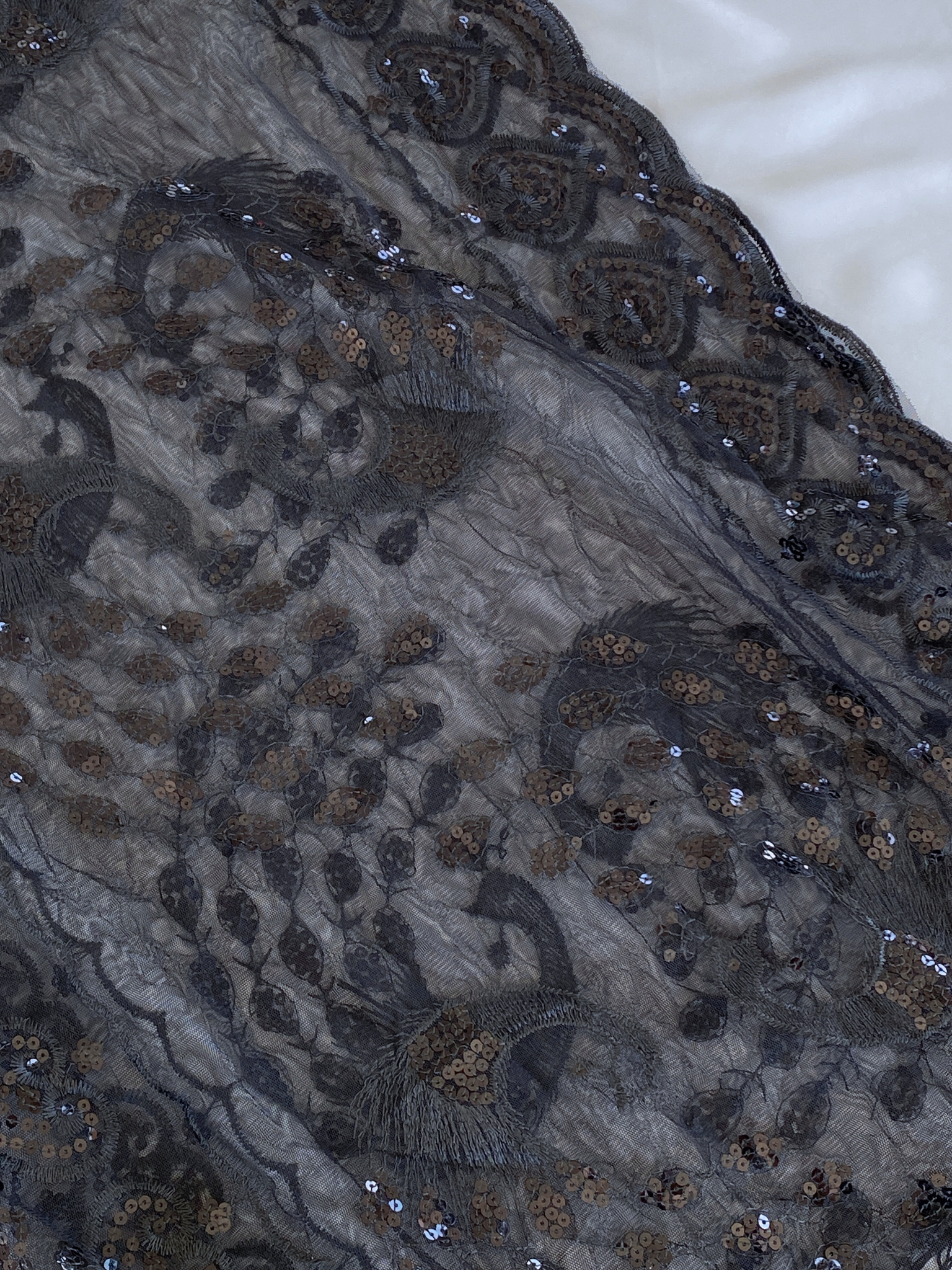 Black Sheer Polyester Scarf with Peacock Embroidery, Sequins & Fringe Evening Shawl / Dressy Wrap