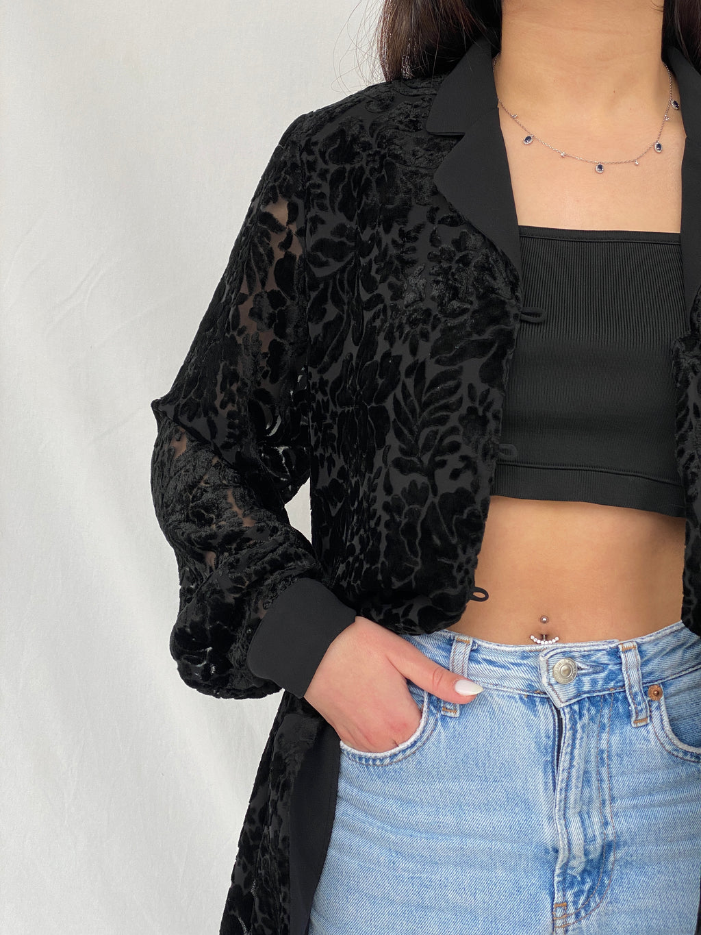 Vintage NYGÅRD Collection Black Velvet & Sheer Women’s Shirt - L