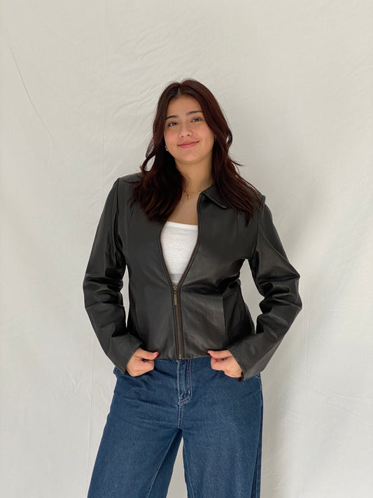 GUDDO Dark Chocolate Brown Genuine Leather Zip-Up Jacket – M