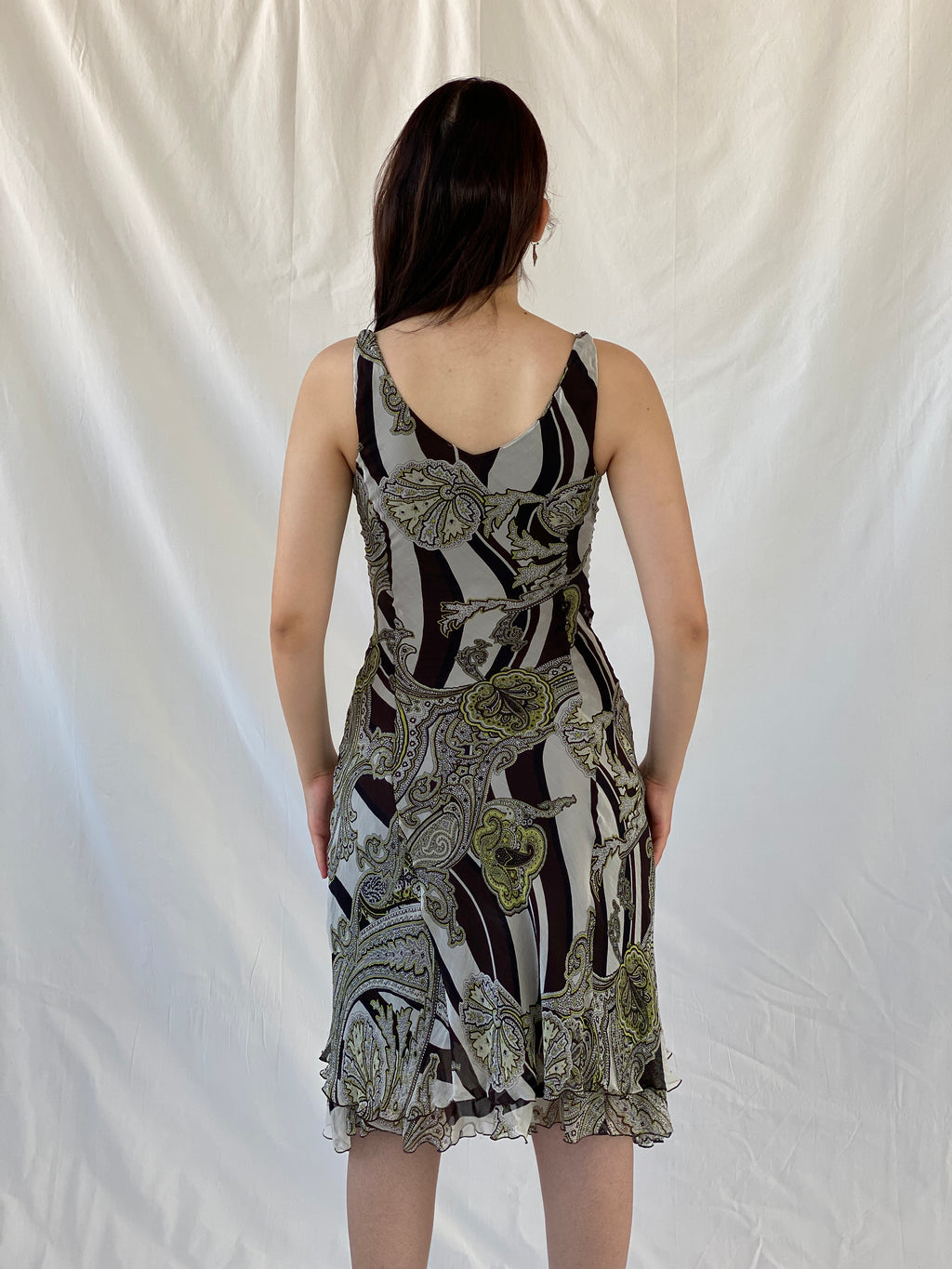 Gorgeous Claudia Sträter Paisley Print Brown Green Silk Sleeveless Summer Vacation Midi Dress - S