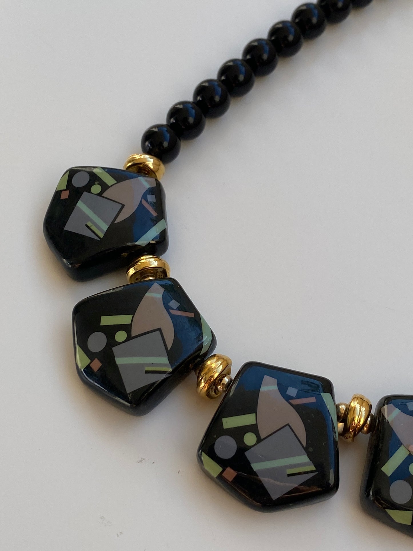 Vintage 1980s Art Deco Revival Black Geometric Beaded Statement Necklace