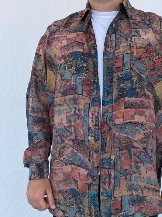 Y2K Bhs Printed Full-Sleeve Silk Shirt - M