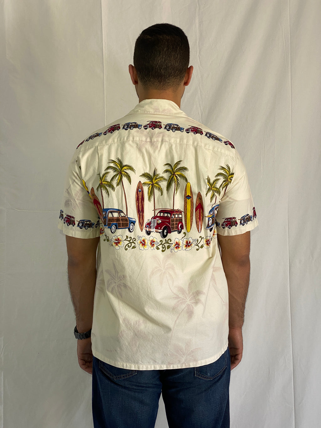 Vintage Winnie Fashion Cotton Hawaiian Woody Car & Surfboard Print Men’s Shirt - L