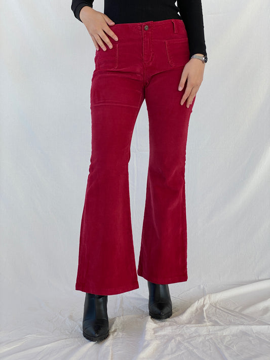 Vintage 90s Guess Jeans Stretch Maroon Flare Mid Rise Corduroy Pants - 38EUR