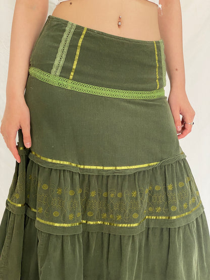 Vintage Y2K Jaune Rouge Paris Olive Green Corduroy Tiered Embroidered Midi Skirt - L