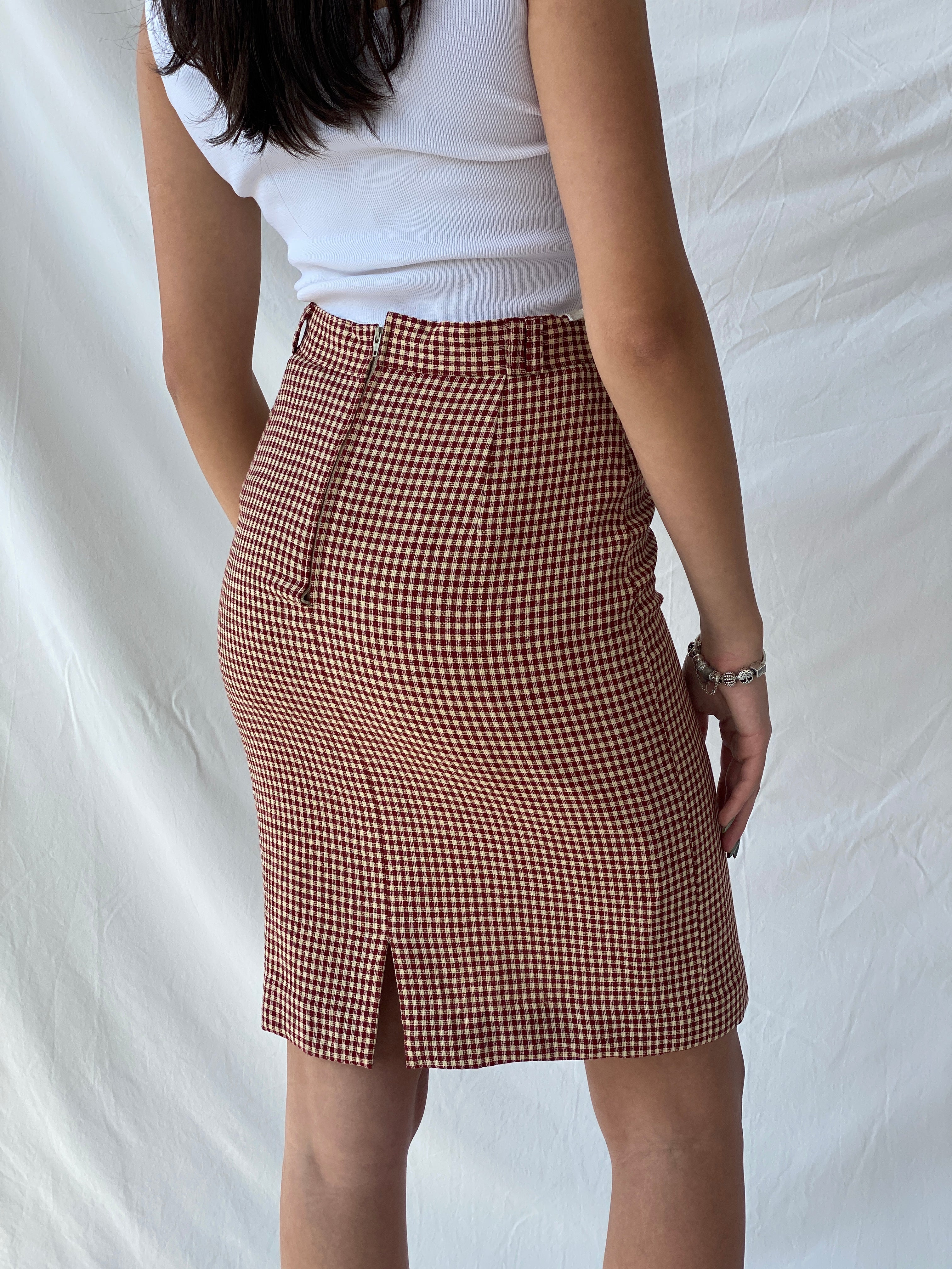 Y2K Wool Plaid Women’s Pencil Red & Beige Midi Skirt - M