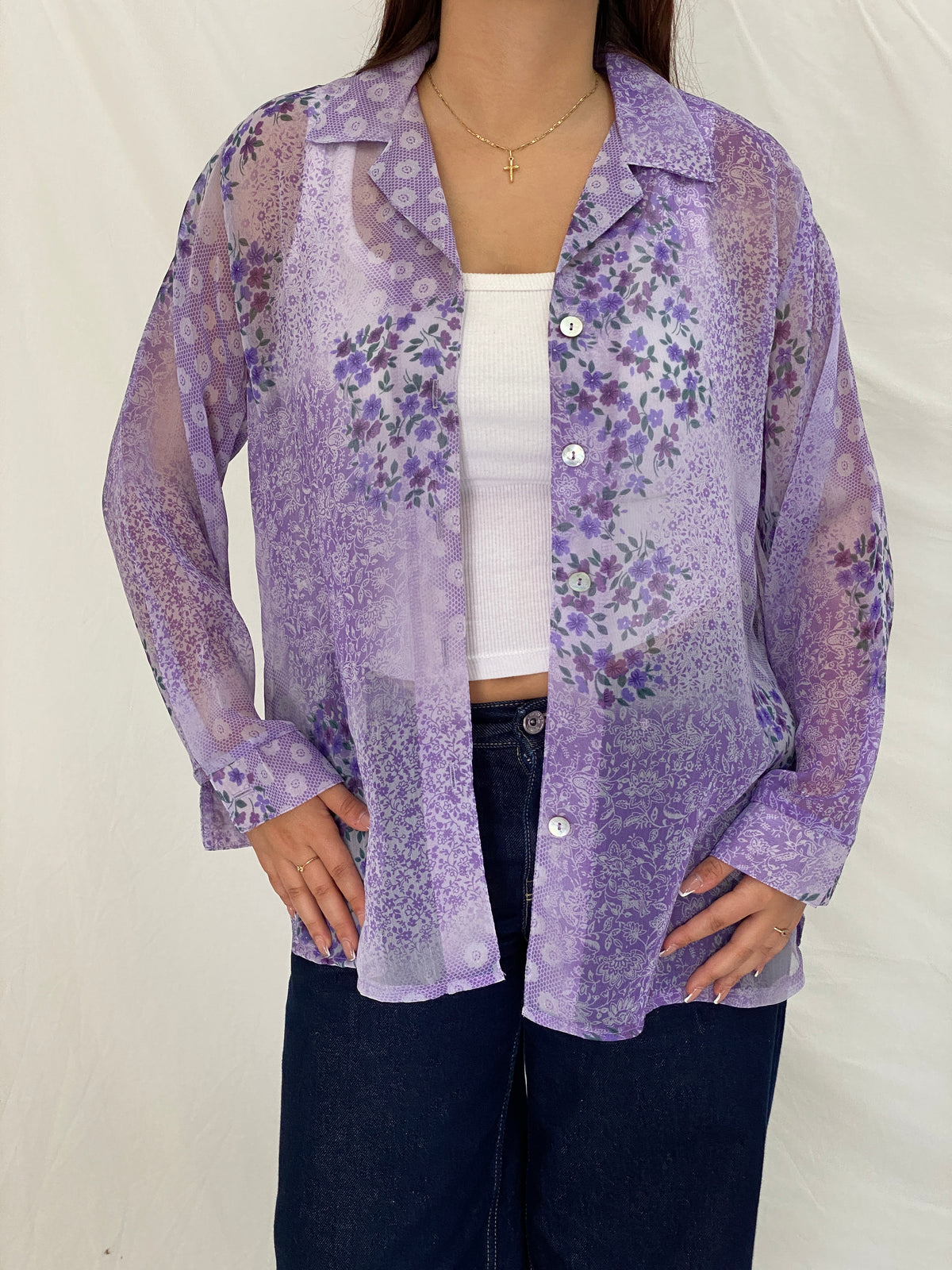 Vintage 90s Lighthouse Point Purple Sheer Floral Button-Up Blouse - L Vintage 90s Lighthouse Point Purple Sheer Floral Button-Up Blouse - L
