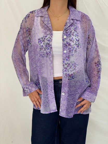 Vintage 90s Lighthouse Point Purple Sheer Floral Button-Up Blouse - L