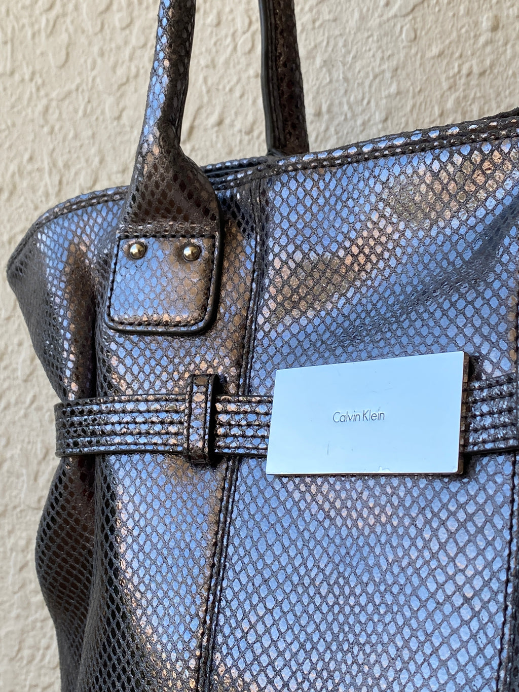 Calvin Klein Snakeskin Faux Leather Tote Bag Metallic Black Grey Purse